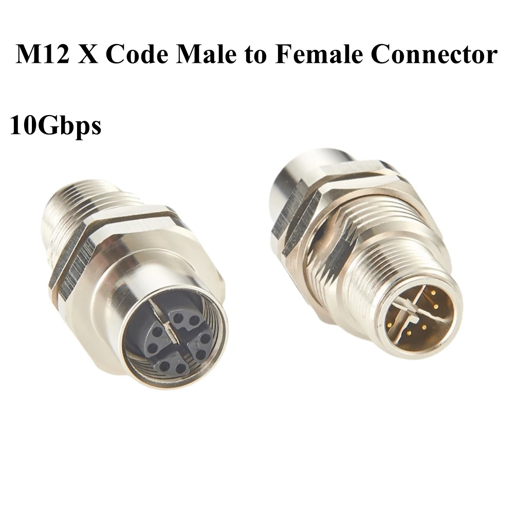 M12 X Code 8 Pin Male to Female Bulkhead Feedthrough Circular Connector IP67 Shielded 10Gbps Cat6A Ethernet Panel Mount Adapter