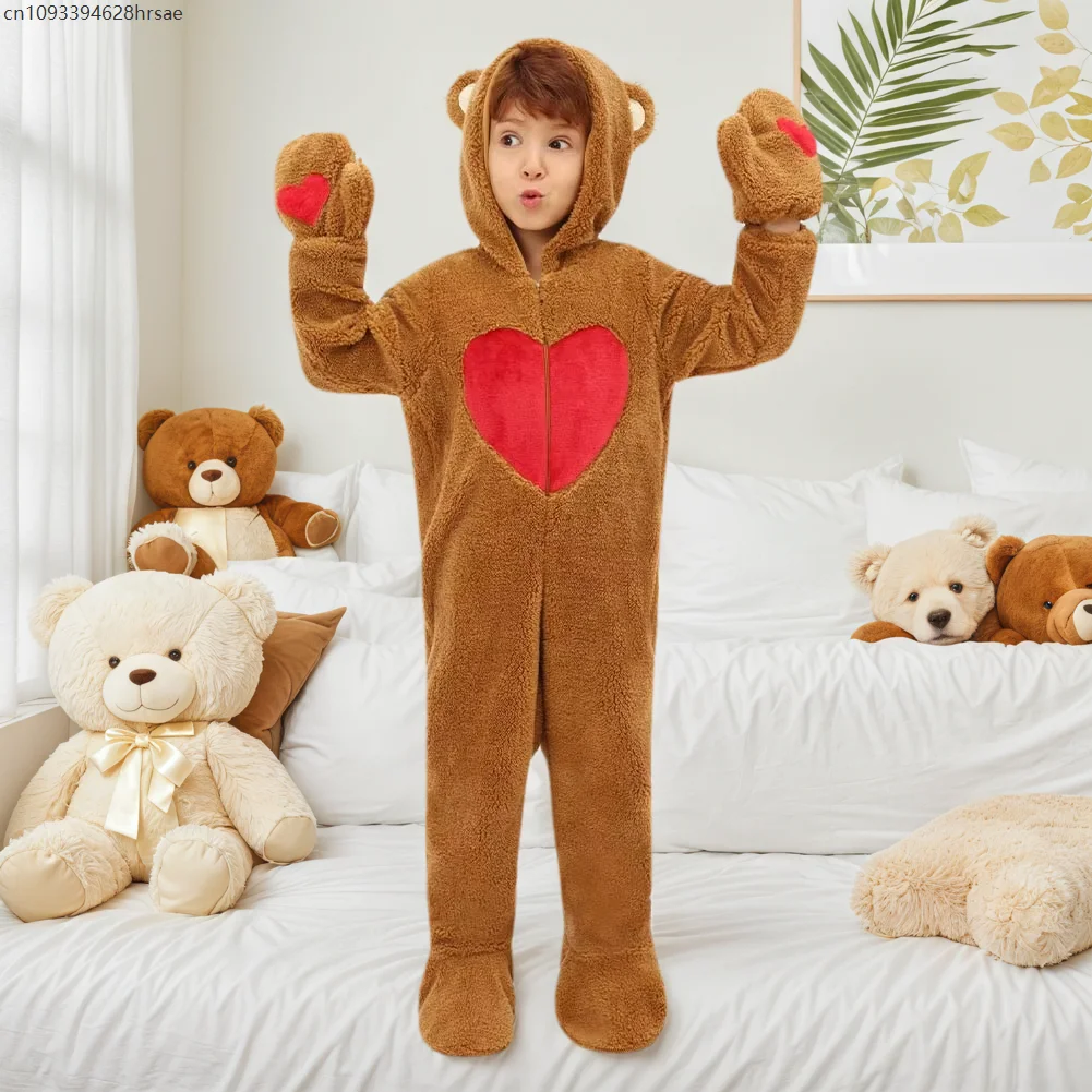 

Children Performance Costume Boys Girls Cartoon Bear Cosplay Hooded Jumpsuit Outfits School Stage Party Suit