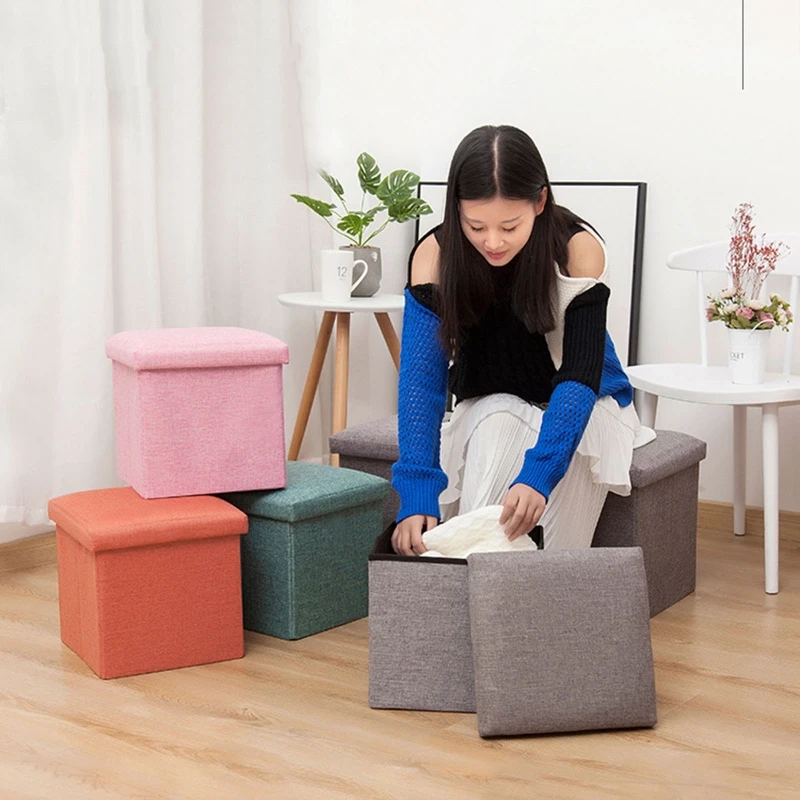 A0KE 25cm Folding Square Stool Storage Cube Padded Seat Multifunction Solid Color Bench Sofa Foot Rest Chair Toys Organizer