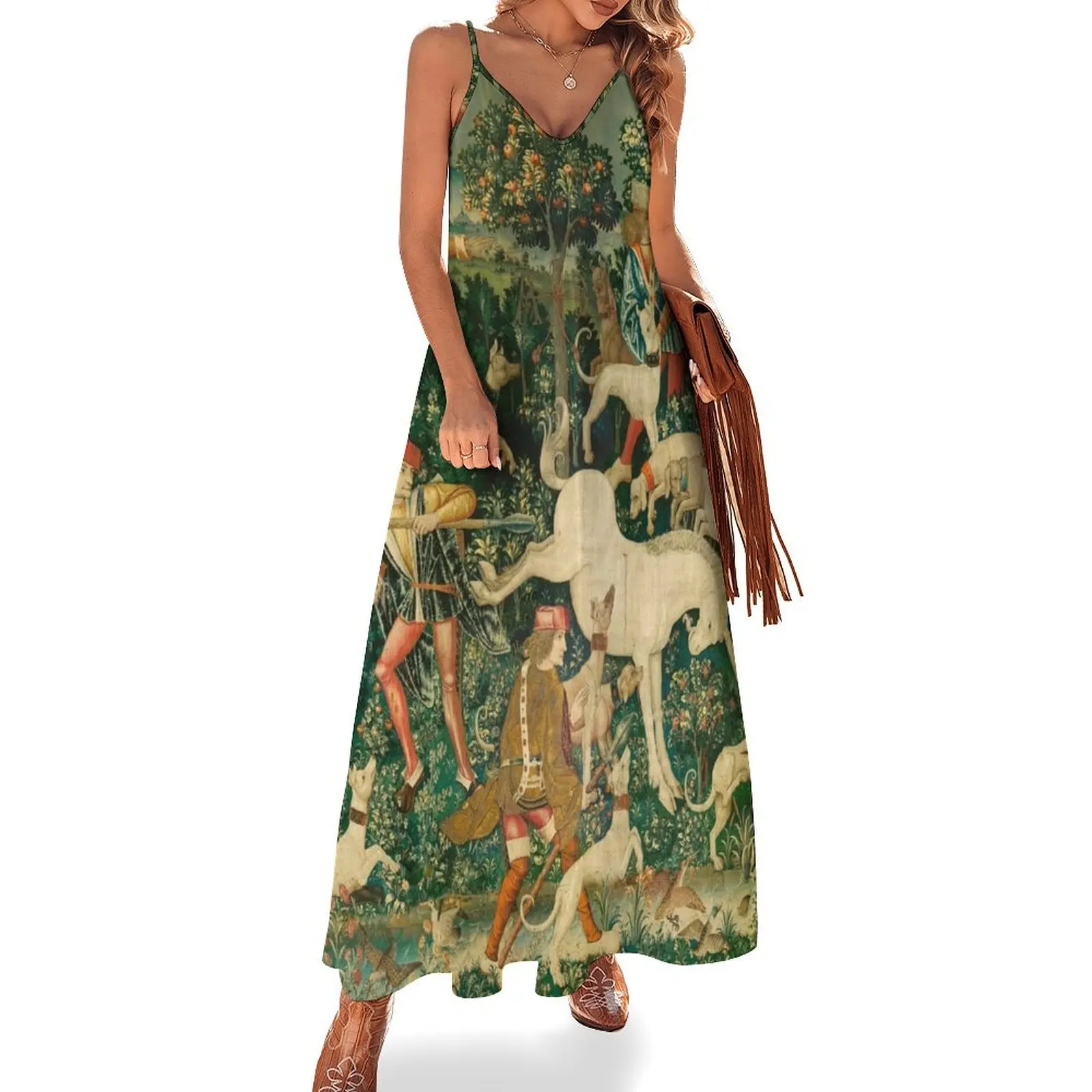 

The Hunt of the Unicorn Tapestry. The unicorn defends himself (From Unicorn tapestries) Sleeveless Dress womans clothing