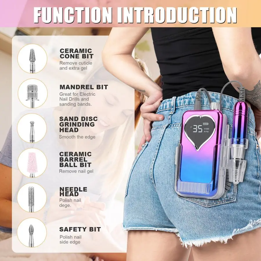 Taladro eléctrico para uñas acrílicas, juego de herramientas de lima de uñas eléctrica de 35000 RPM, pedic de manicura recargable EFile portátil