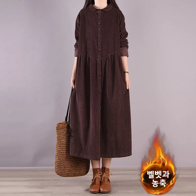 코듀로이 드레스 순수색 통근 아트 헐렁한 헐렁한 긴소매 코듀로이 스트라이프 코듀로이 루즈핏 루즈핏 드레스 원피스 드레스