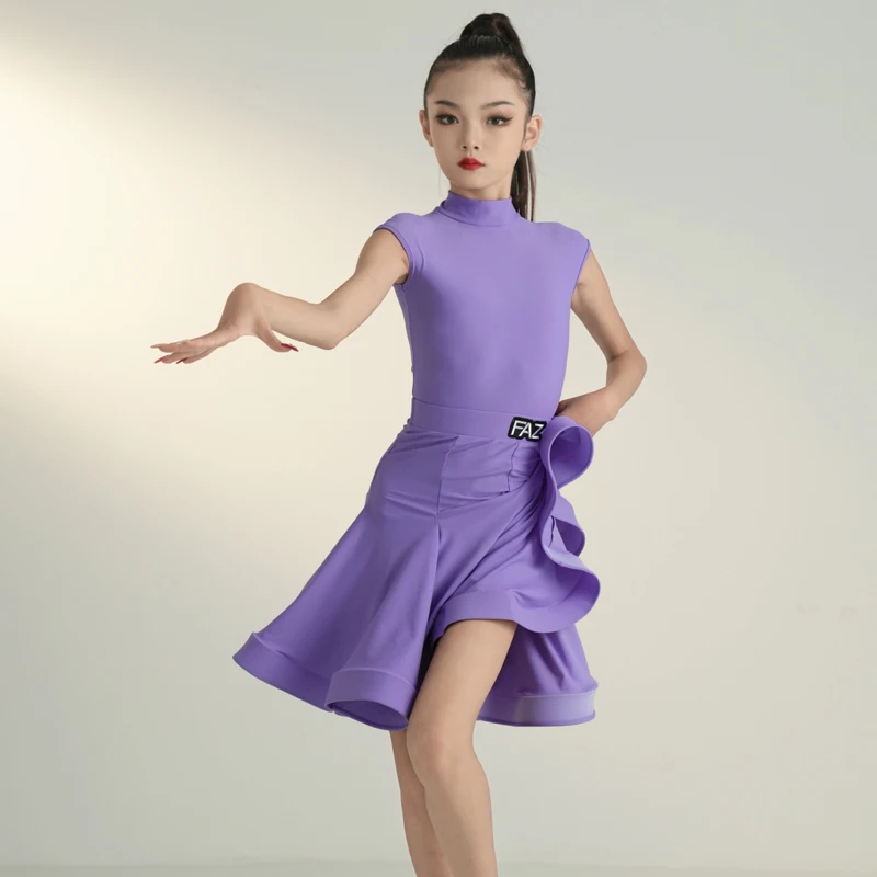 Summer Children's Latin Dance Competition Dance Dress for Girls Professional Standard Bag Shoulder Sleeveless Quality Dance Skir