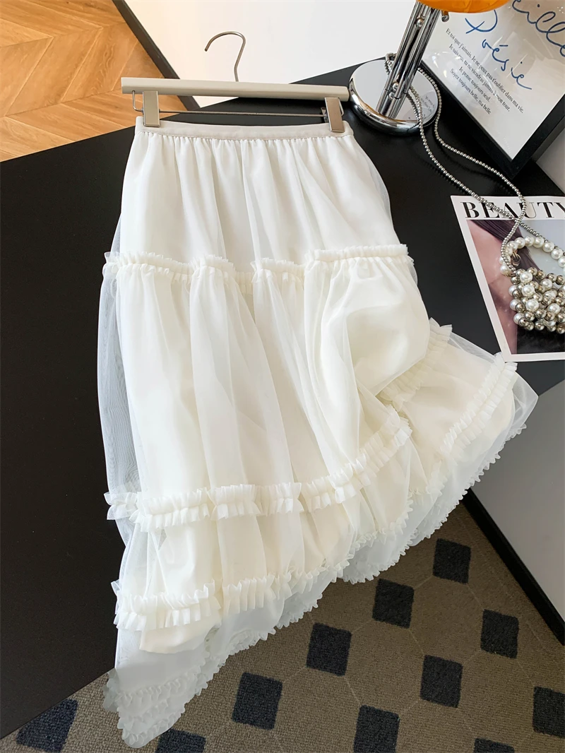 

Пышная юбка из фатина с цветочным кружевом и деревянными пуговицами в корейском стиле, с завышенной талией, для повседневного образа