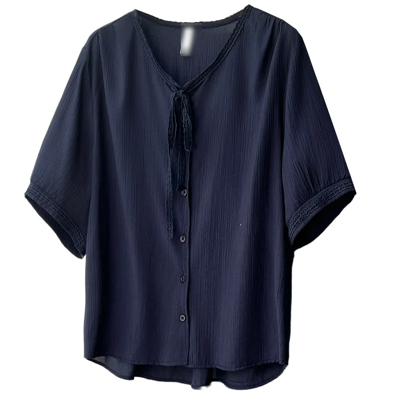2026 Summer Plus Size Women Shirt Ruffle V Neck Tie Short Sleeve Open Blouse Simple Versatile Fashion Tops For Curvy Ladies 811