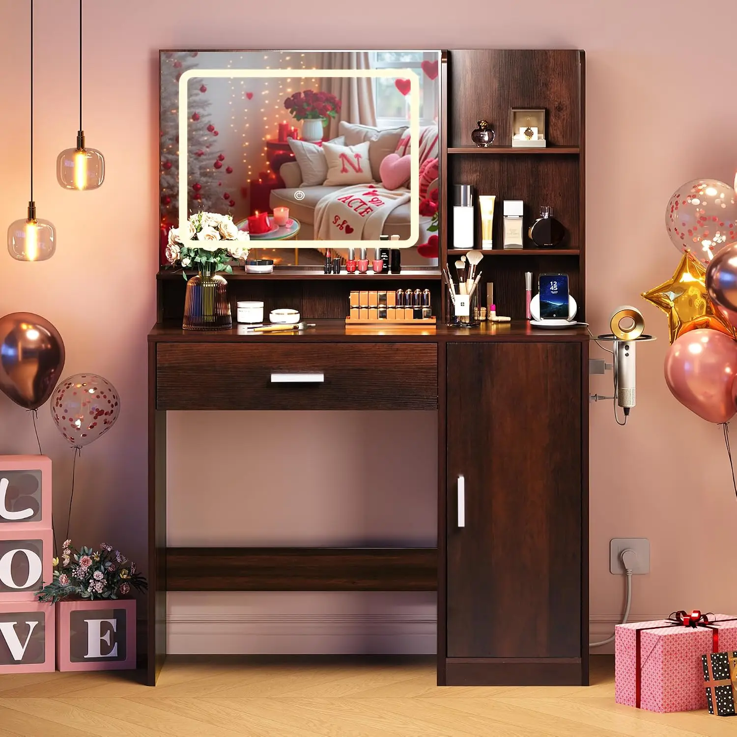 Brown Vanity Desk with Mirror and Lights, Makeup Vanity for Girls  Compact Wooden Vanity, LED Strip Mirror, , Customized