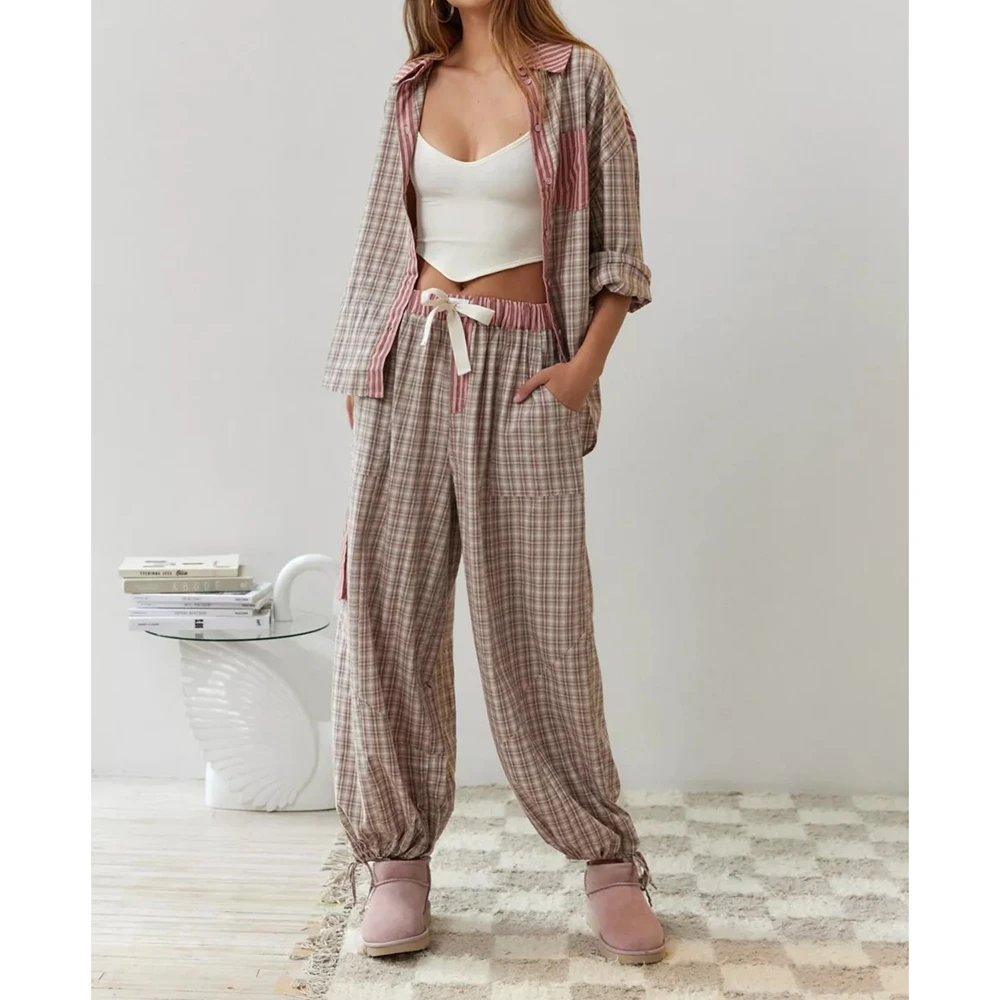 Combhasaki Womens Y2K 2Pieces Loungewear Outfits Set Plaid Long Sleeve Button Closure Shirts+Drawstring Elastic Waist Long Pants