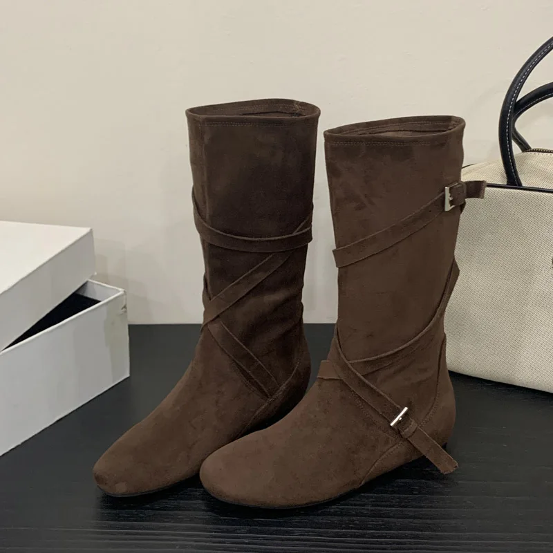 

Eilyken Design Style Narrow Band Round Toe Woman Knee-High Boots Fashion Low Flat Heels Autumn Winter Female Shoes