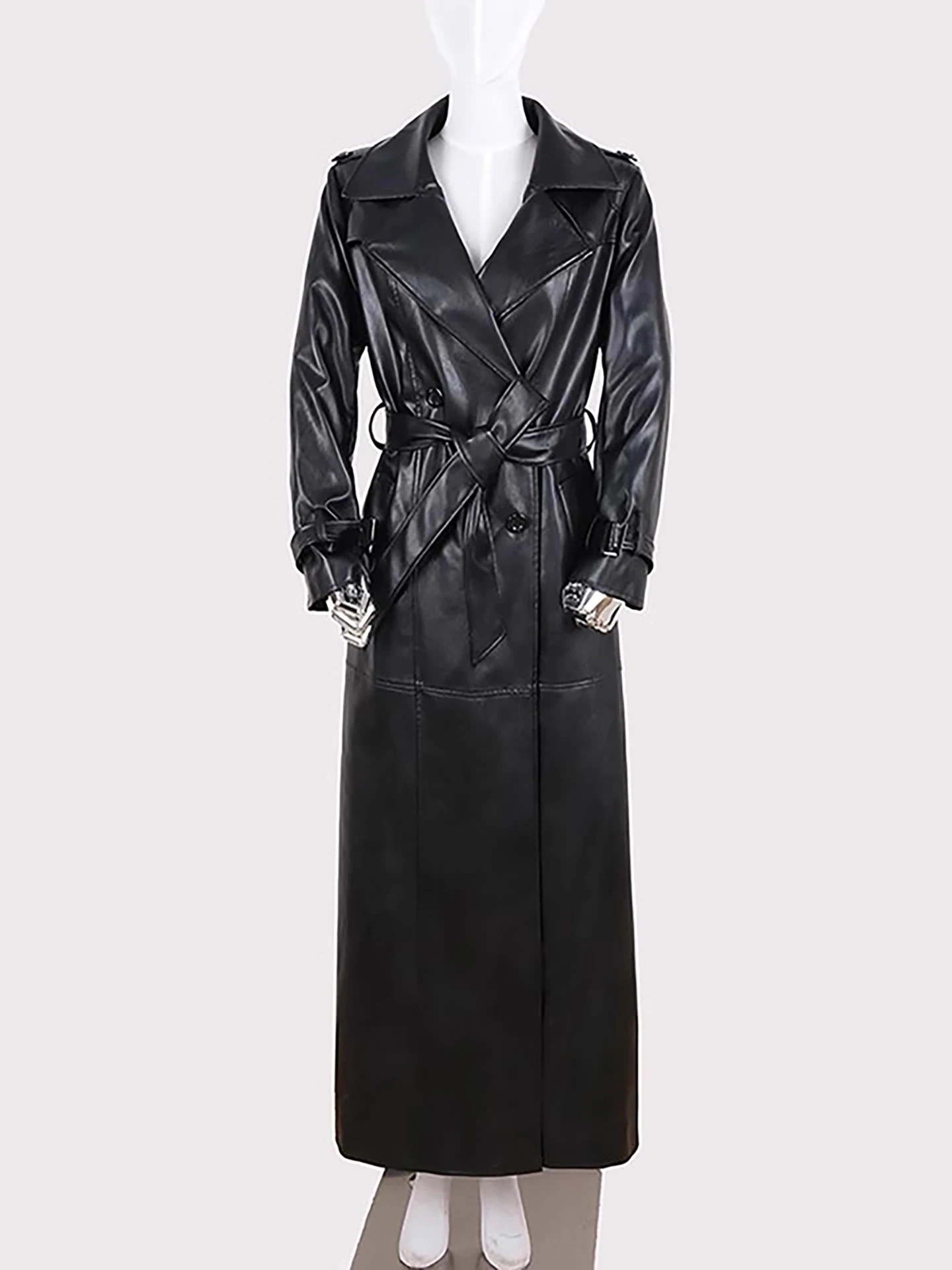

Autumn Extra Long Black Soft Faux Leather Trench Coat for Women Belt Double Breasted Floor Length Luxury Designer Clothes 2025