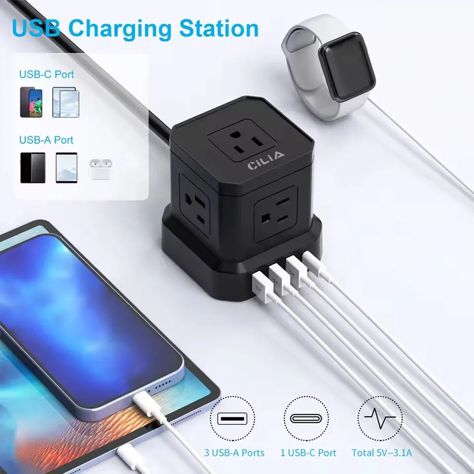 Multipurpose Charging Station - US Standard, 5 AC Outlets, 3 USB Ports, 1 USB-C Port, 1.5m Cord, Tower Design for Home/Office