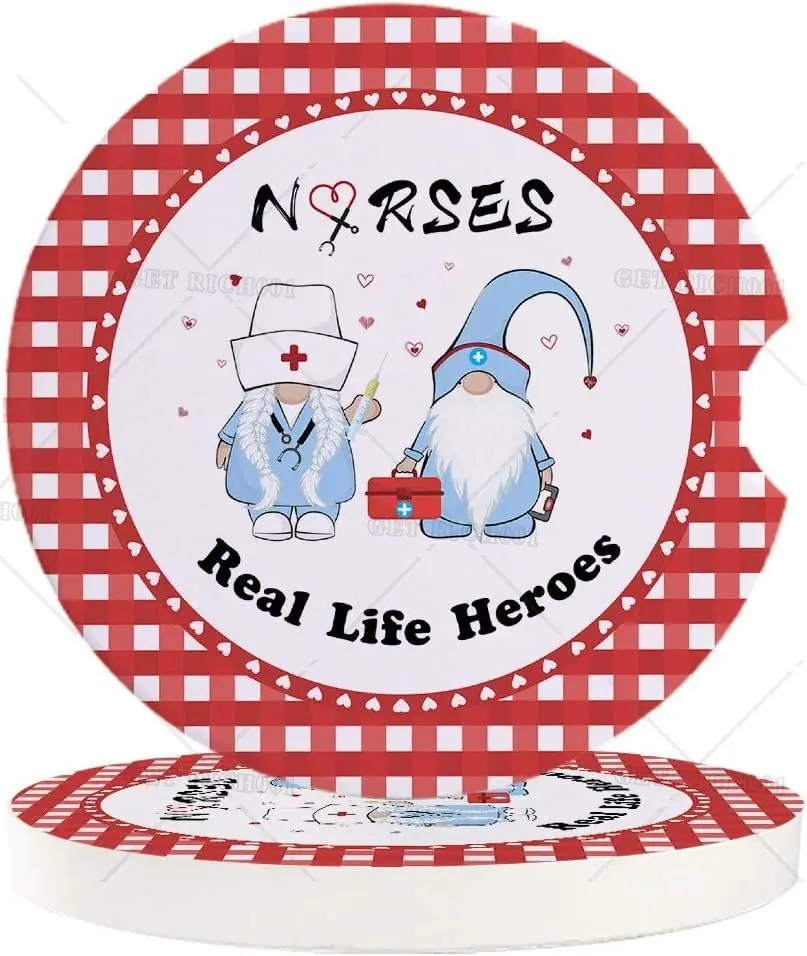 

Car Coasters for Cup Holders Set of 2 Gnome Nurse Real Life Heroes 2.56inch Ceramic Cork Drink Coaster Car Accessories