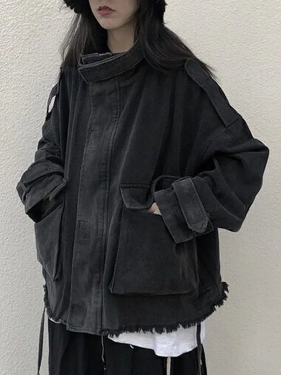 Retro Women Denim Jacket Fashion Stand Collar Big Pocket Loose Jean Coats Autumn Female All Match Streetwear Outerwear New