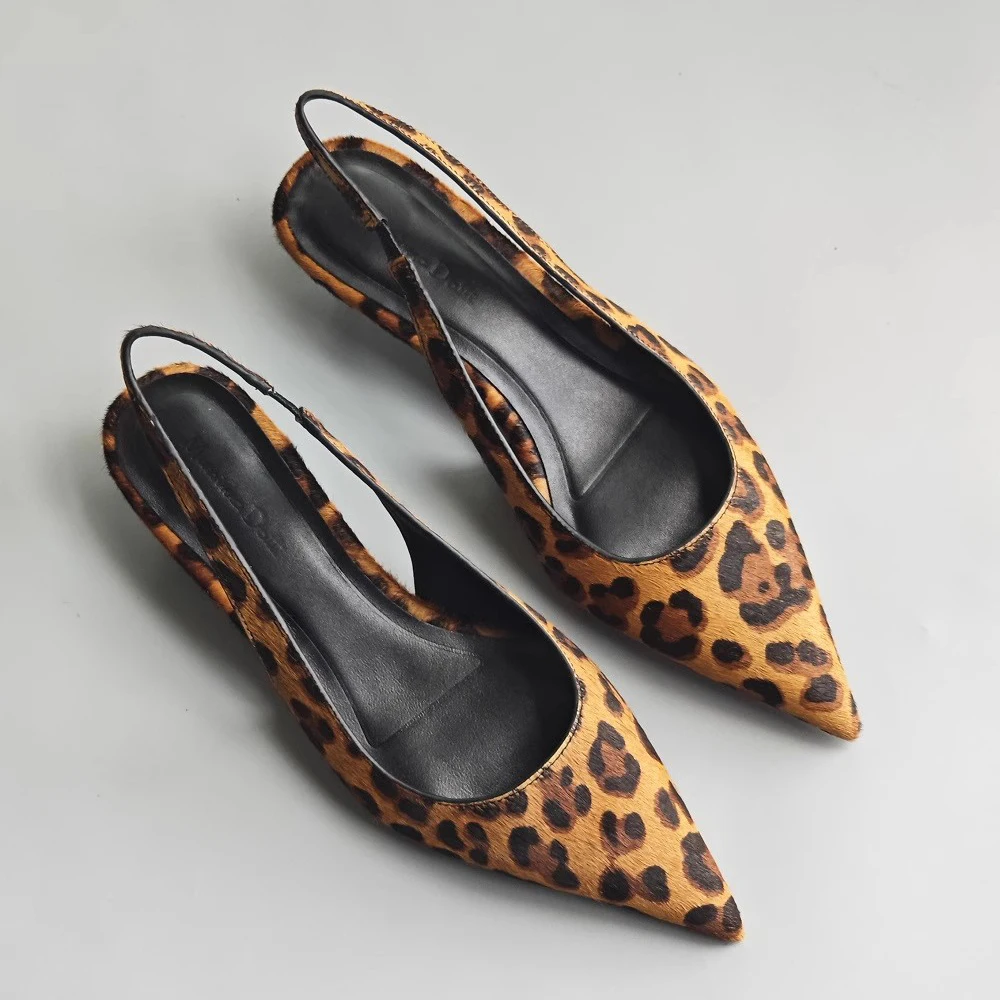 Mrxmus 2024 New Women Summer Fashion Horsehair Leopard Print Sharp Pointed Low Heels Sandals Elegant Temperament Shoes Female