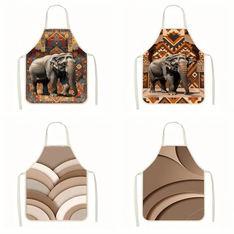 

Elephant With Ethnic Pattern Linen Apron, Suitable For Kitchen Cooking, Parent-Child Interaction, Painting And Other Scenarios