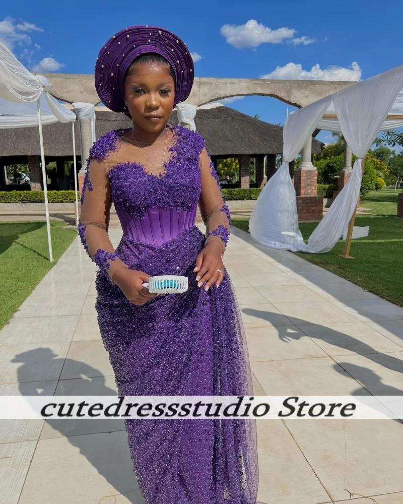 Robe de soirée de forme sirène, violet foncé, avec des appliques de perles, personnalisée, col transparent, longue, robe de soirée de mariage, robe de bal pour femmes