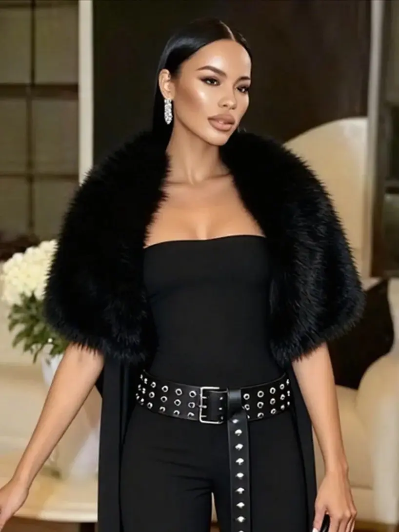 SIsterlinda Classic 2-Piece Set Women Sexy Trend Furry Shawl+Sleeveless Tank Top Fashion Party Club Stretch Skinny Chic Outfits