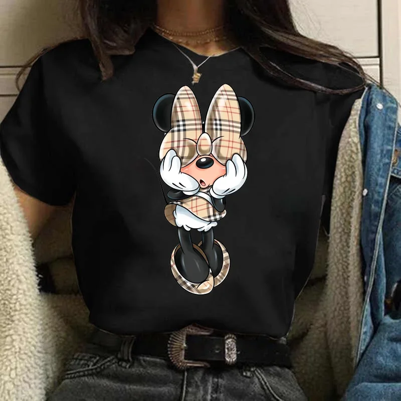 Camiseta Harajuku para mujer, camiseta a cuadros Kawaii Minnie, nueva camiseta Vintage informal de manga corta para mujer, camisetas para niñas de los años 90