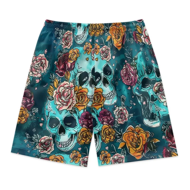 Skeleton Roses Print Men's Quick Dry Drawstring Waist Shorts Casual Breathable Beach Shorts Polyester Sport Shorts