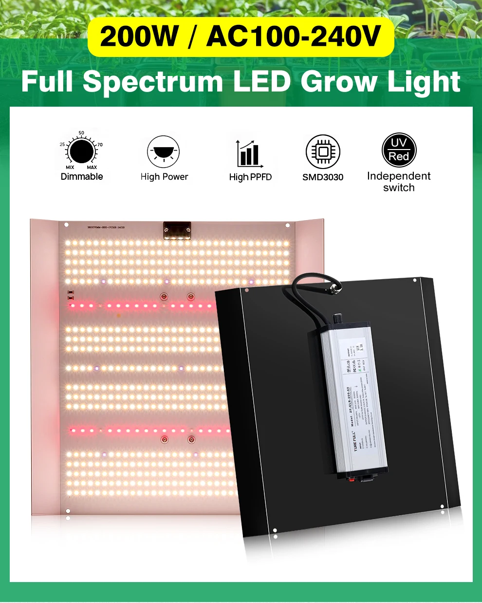 200W LED Grow Light Full Spectrum Greenhouse Tent Vegetable Interior Flower Seedling Hydroponics Cultivation Plants Red UV Lamp