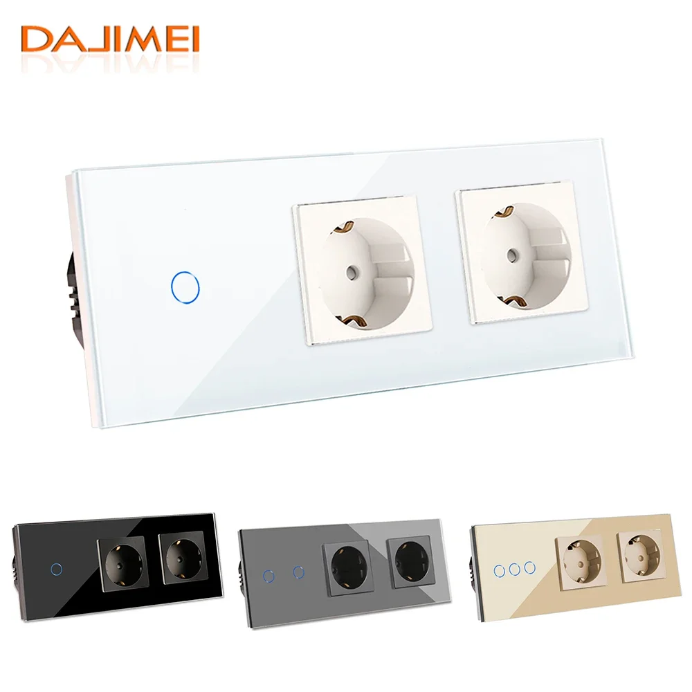 DAJIMEI 1/2/3Gang 1/2Way Touch Sensor Switch and Double EU Power Socekts Wall Light Switches Crystal Glass Power Outlet for Home