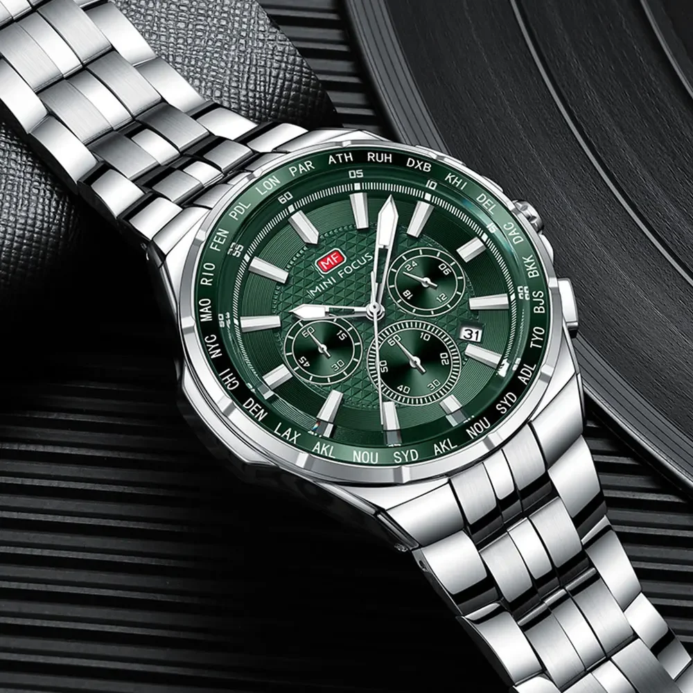 MINI FOCUS 0613 ساعة كوارتز رجالية عادية متعددة الوظائف مقاومة للماء كرونوغراف مضيئة يد حزام من الفولاذ المقاوم للصدأ تاريخ التقويم