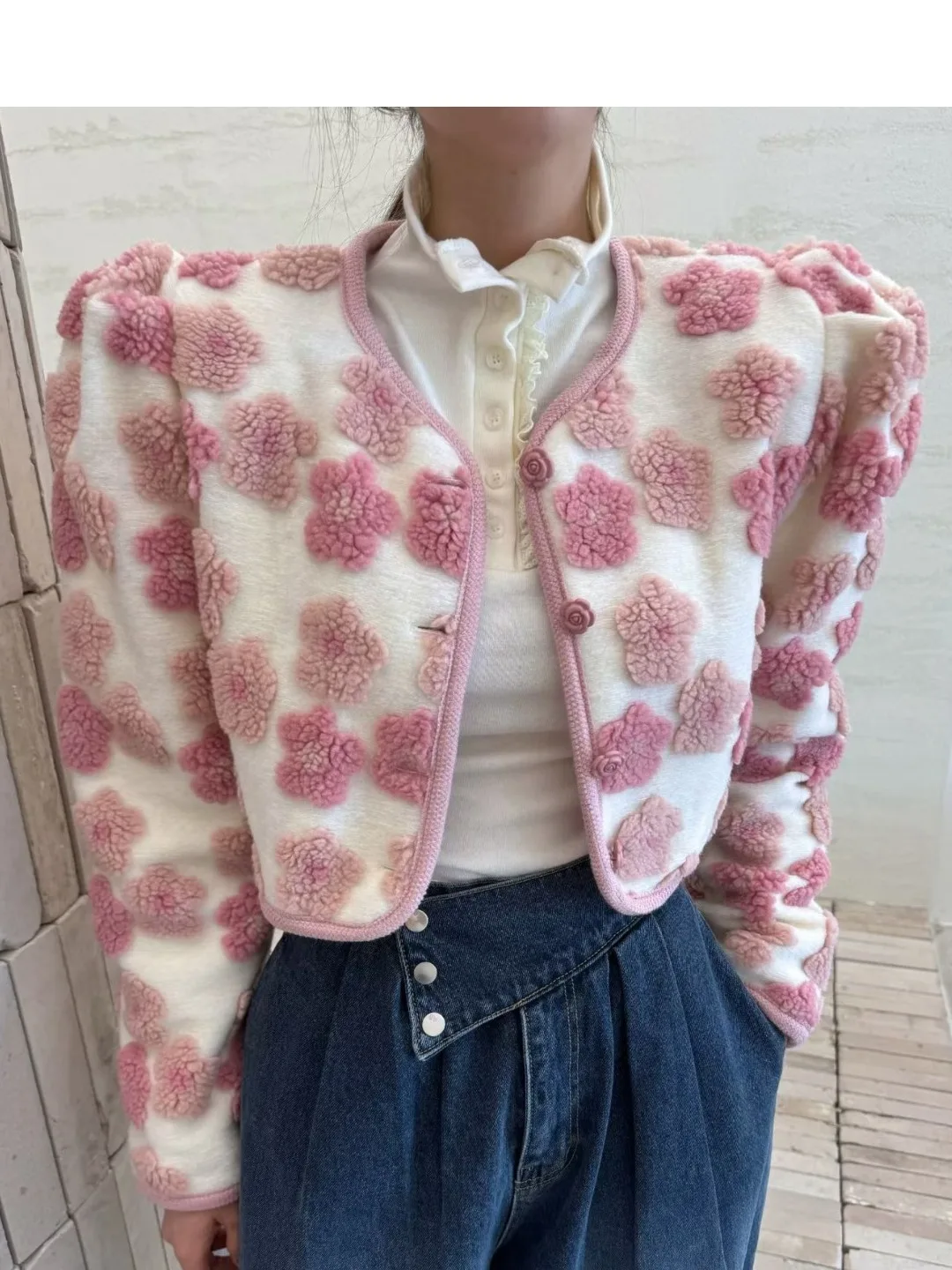 

Korean Sle ort Lamb Fur Jaet Women's Design Sensation Personali Open Cardigan ort Top Winter New Arrival