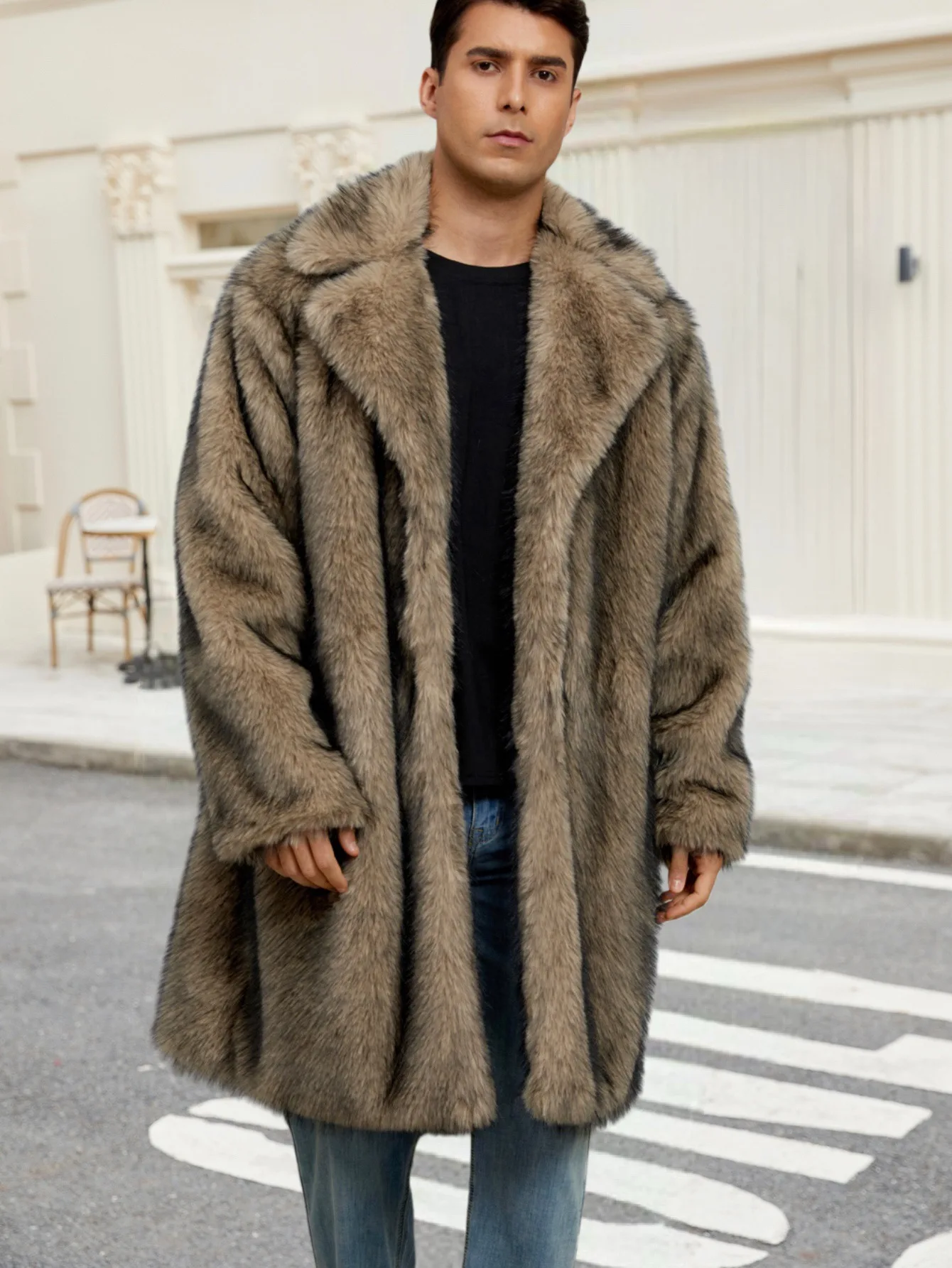 Men Faux Fox Fur Coats Thick Overcoats Jackets Long Sleeves Turn