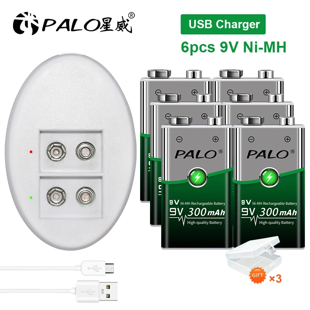 Palo 2-8 szt. Akumulator 9 V 6f22 9 V Nimh wstępnie naładowany Batteri korona Krone 300mah + szybka ładowarka Usb Smart