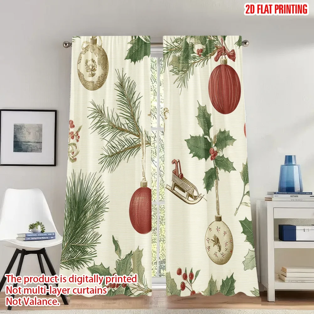 

2pcs 2D flat printing Fashionable Christmas Curtains Christmas Ornament Garland Branches Digital Printed Polyester Drapes
