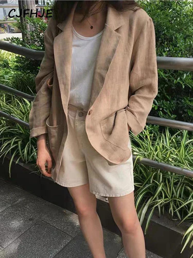 CJFHJE Khaki Office Lady Blazer Casual Thin Cotton Linen Blazers Female Spring Autumn New Korean Retro Loose Suit Jackets Women