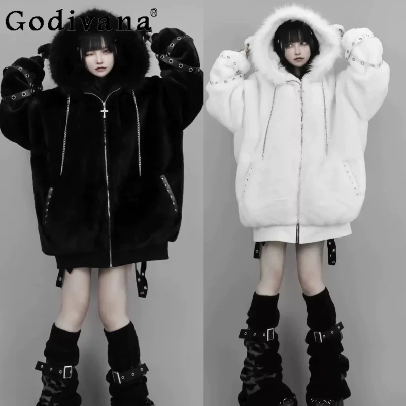 Subculture Harajuku Sweet Cool Faux Fur Coat Girls Women's Autumn and Winter Japanese Punk Y2k Ears Cute Plush Coat Jackets