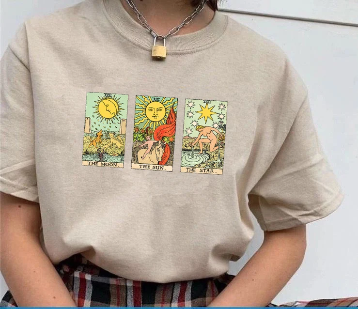 Sonne Mond Stern Tarot Karten Grafik T-Shirt Vintage Mode Damen süße ästhetische lässig gedruckt T-Shirt Hipster Hexe Shirt – Detail 9