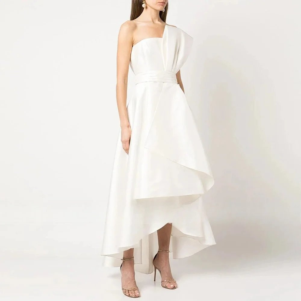 Customized Strapless A-Line Satin Wedding Dress Romantic Ruffles Asymmetrical Hi-Lo Hem Bridal Gown Evening Party Dress Vestidos