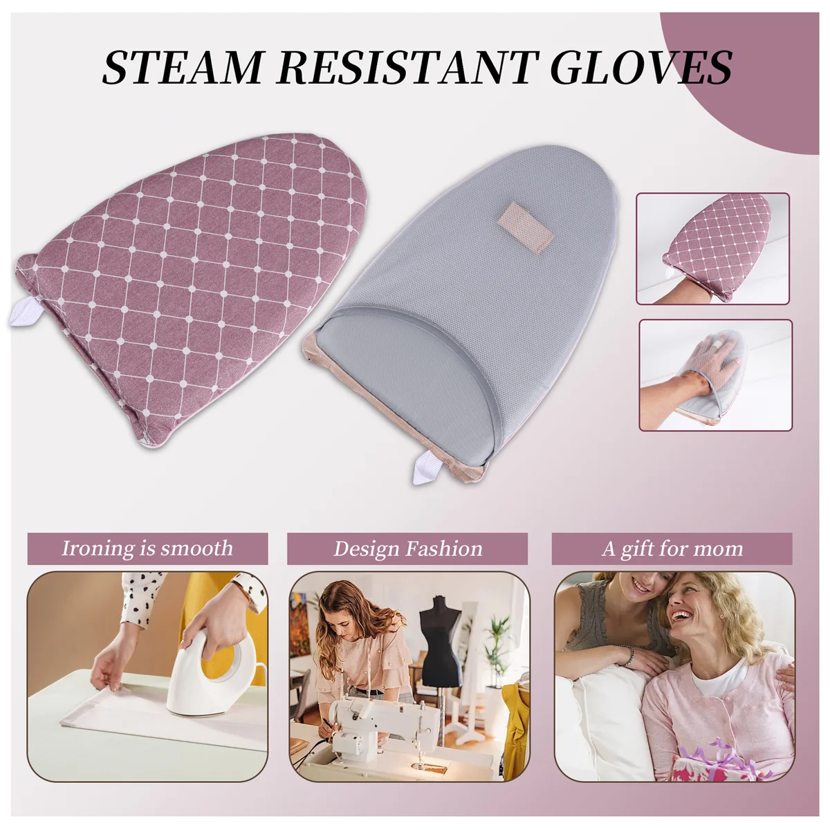 قفازات مكواة البخار للملابس الساخنة، قفازات مقاومة للبخار، قفازات البخار للملابس، إكسسوارات البخار باللون الوردي #6