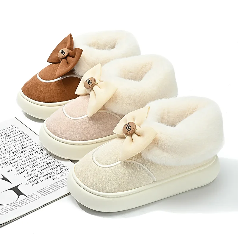 2023 Warm Winter Shoes Woman Indoor Slippers Cute Bow knot Solid Flock Ladies House Floor Boots Thick Sole Girls Street Footwear