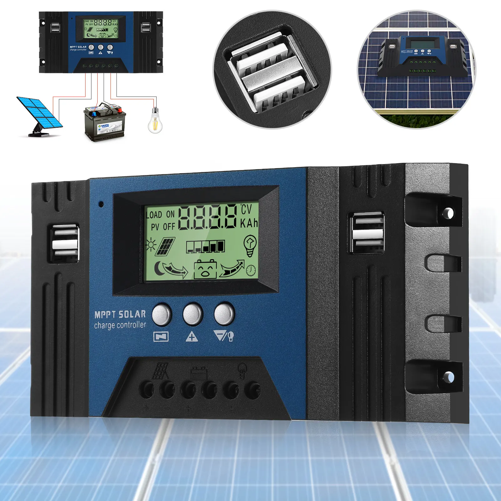 100A Mppt Solar Charge Controller 12V 24V LCD Display Adjustable Charging Discharging Light Time Delay Control High Conversion