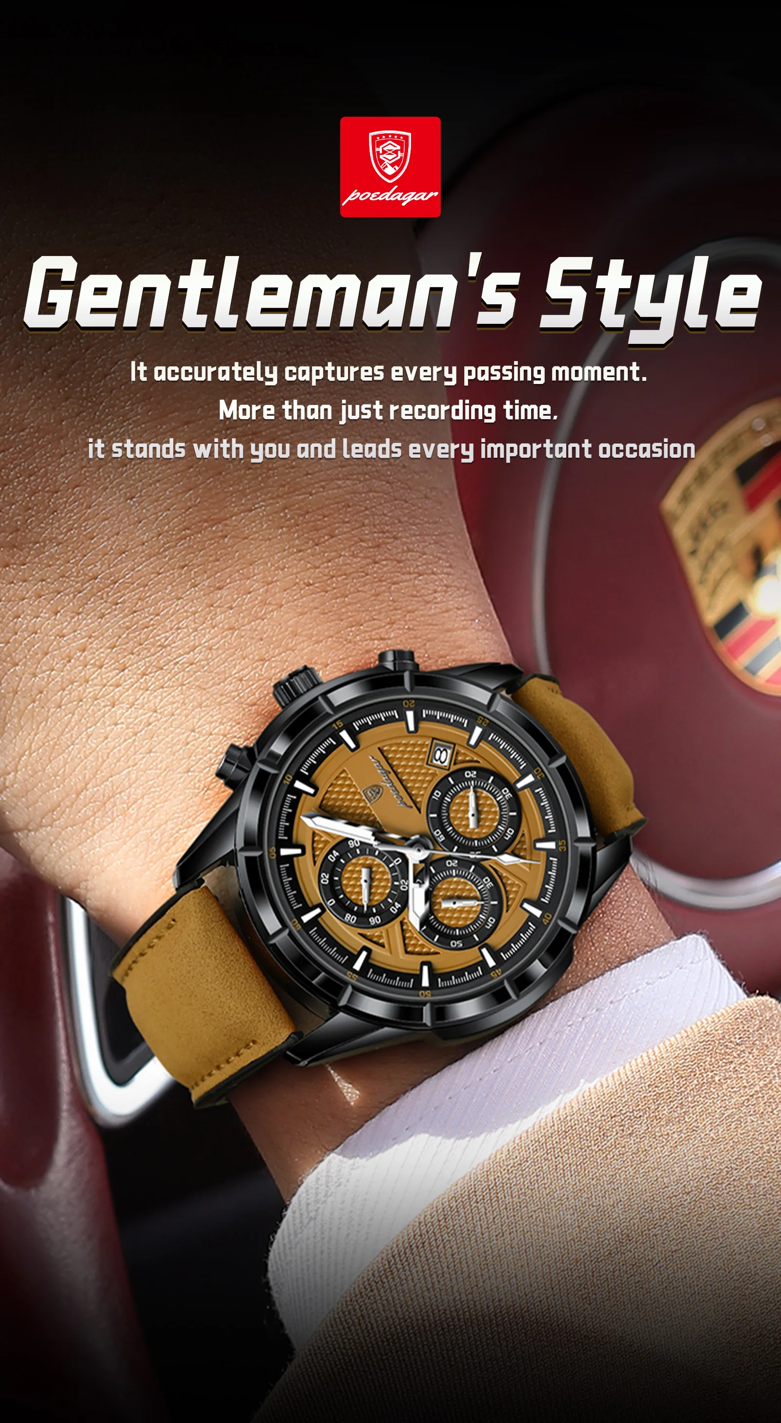 POEDAGAR Top Vintage Herren Armbanduhr Quarz Mode Leder Herrenuhren Datum Chronograph Wasserdicht Leuchtend Business Herrenuhr – Detail 14