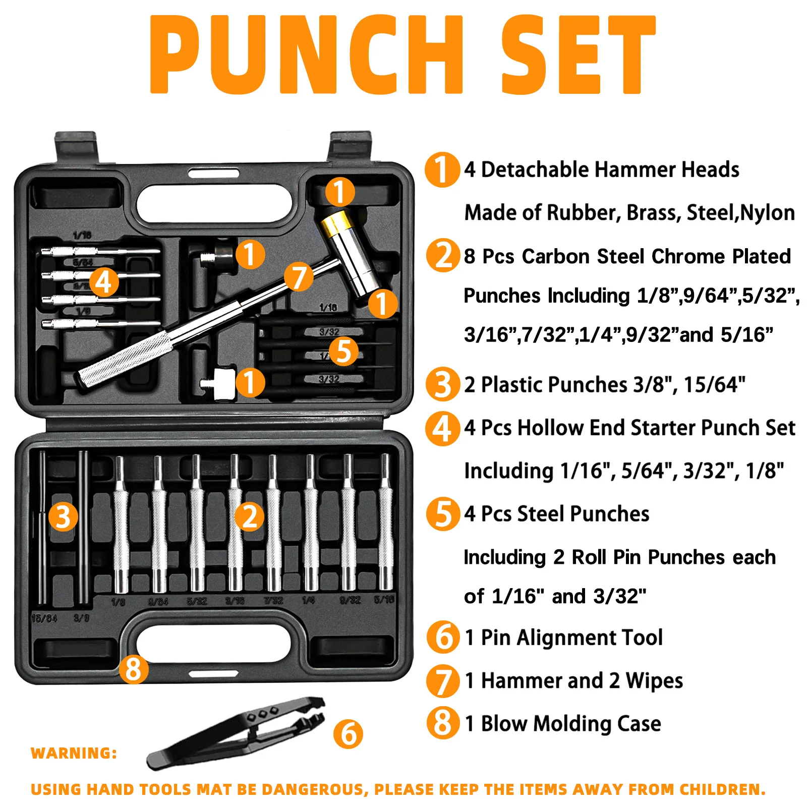 BESTNULE Roll Pin Punch Set, ponsgereedschap, gemaakt van massief materiaal inclusief stalen pons en hamer met bankblok