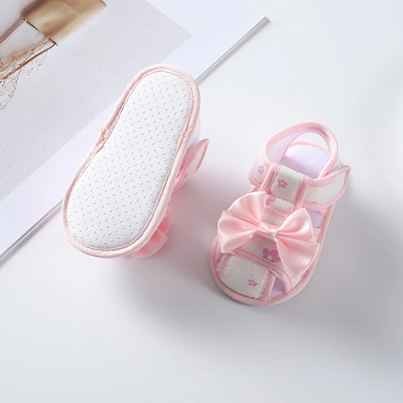 Baby Kid Girl Shoes,Solid Floral Print Big Bow Cutout Soft Sole Summer Home Casual Cute Sweet Litter Princess Hook/Loop Shoes