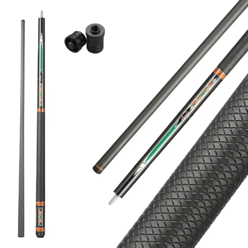 

High-quality carbon fiber pool cue, vintage patterned non-slip leather grip, Uniloc joint, customizable tips.