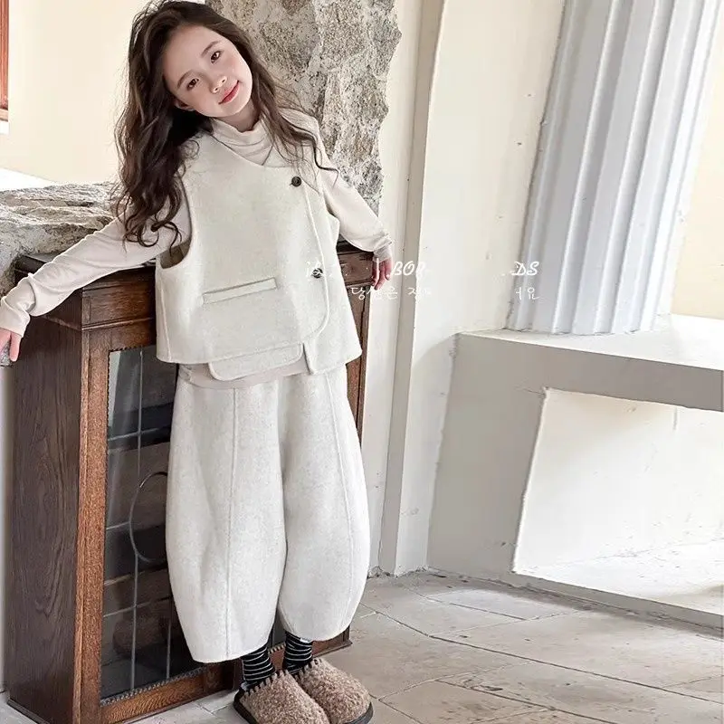Winter Elegance Fashion Girls Sweet Casual Kids Princess Thick Waistcoat+Turtleneck Base shirt+Pants Children Casual 3Pcs
