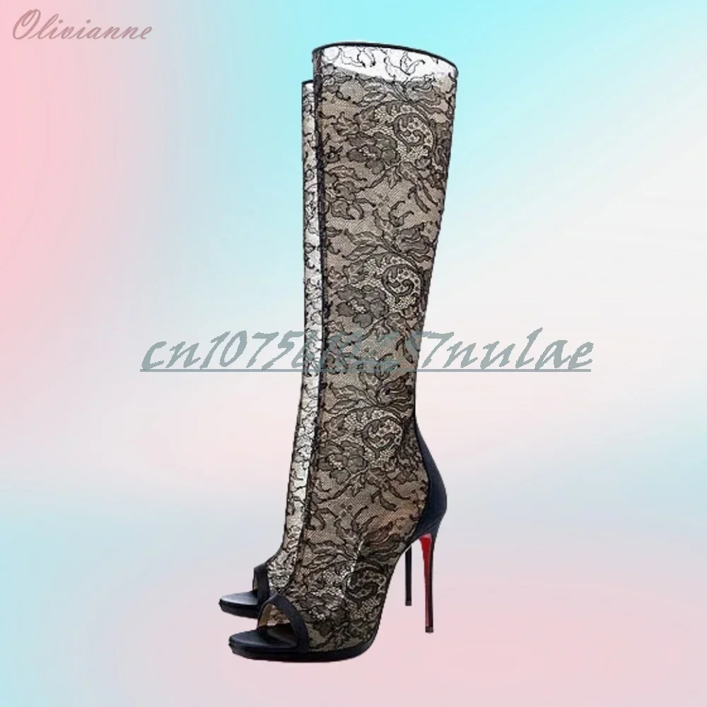 

Lace Design Peep Toe Mid Calf Boots Black Hollow Hot Stiletto High Heel Party Fashion Women Shoes 2025 Summer New Para Mujere