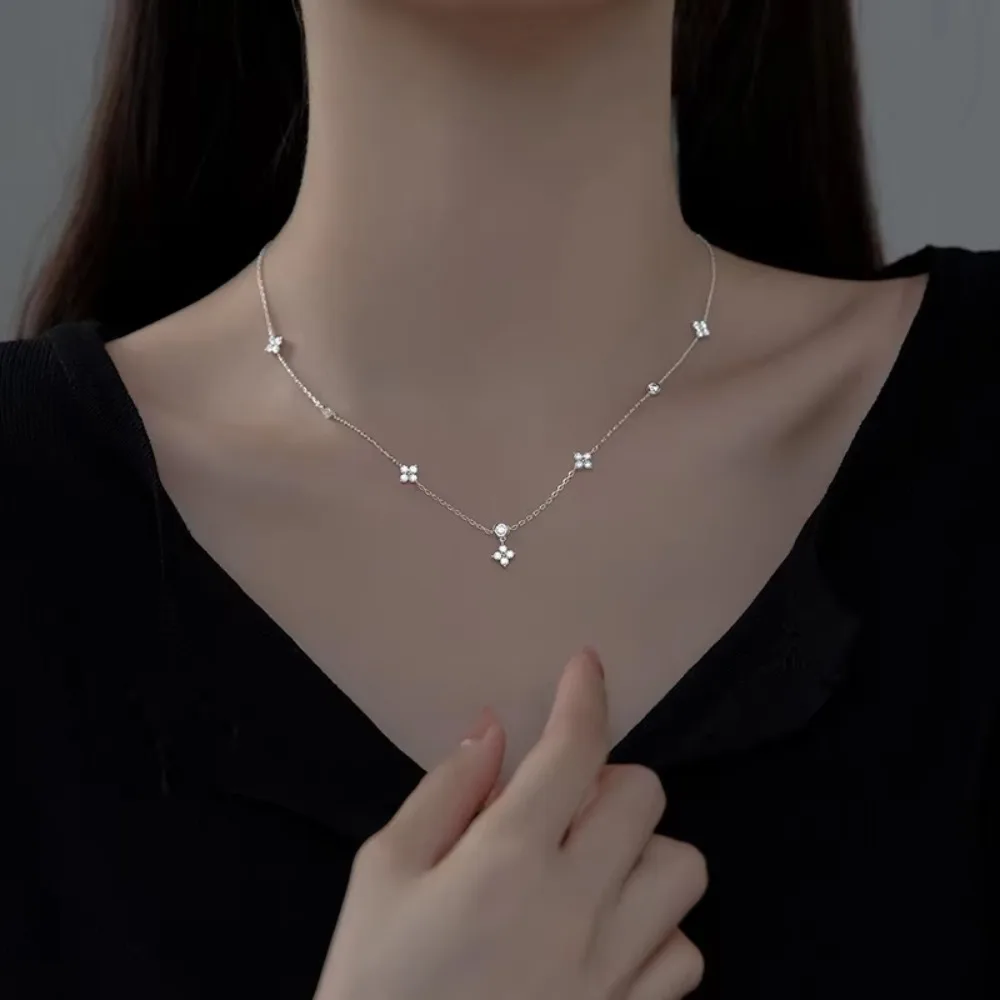 Temperament Trend Four Leaf Zircon Flower Pendant Necklaces for Women Exquisite Stainless Steel Chokers Jewelry Anniversary Gift