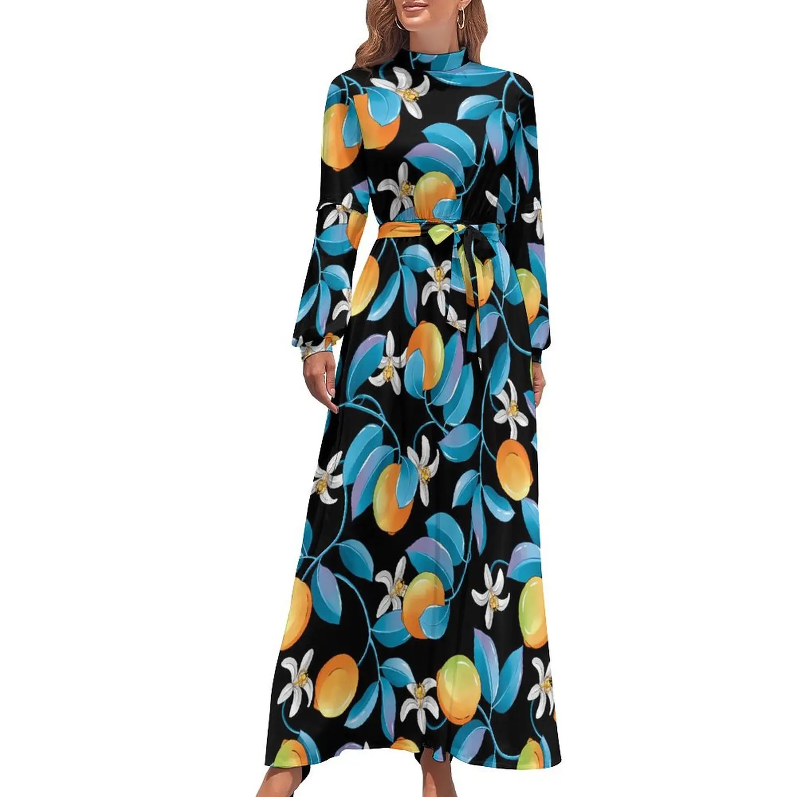 

Lemons Fruit Print Dress Blue Leaves Elegant Maxi Dress Street Fashion Beach Long Dresses High Neck Printed Clothing