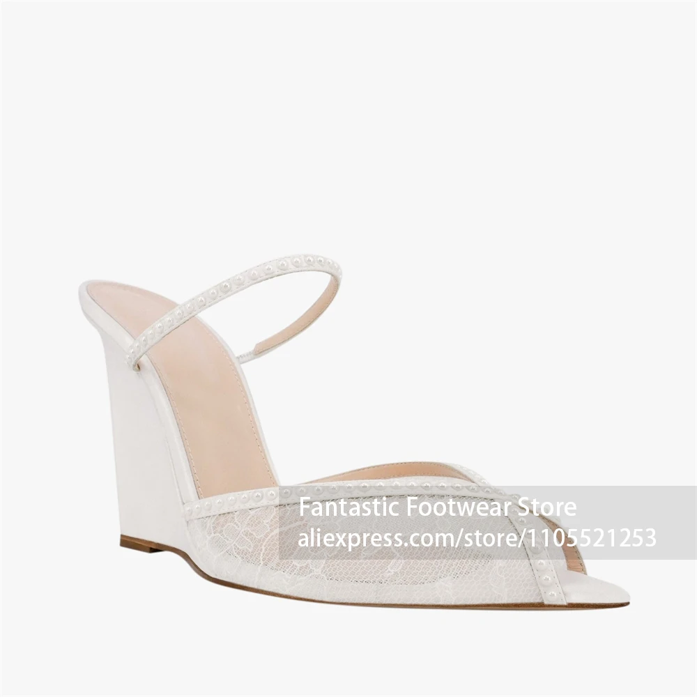 Lace Peep Toe Wedge Mules Pearl Embellished High Heel Slippers Elegant Bridal Wedding Shoes Handmade Dress Footwear for Summer view 3