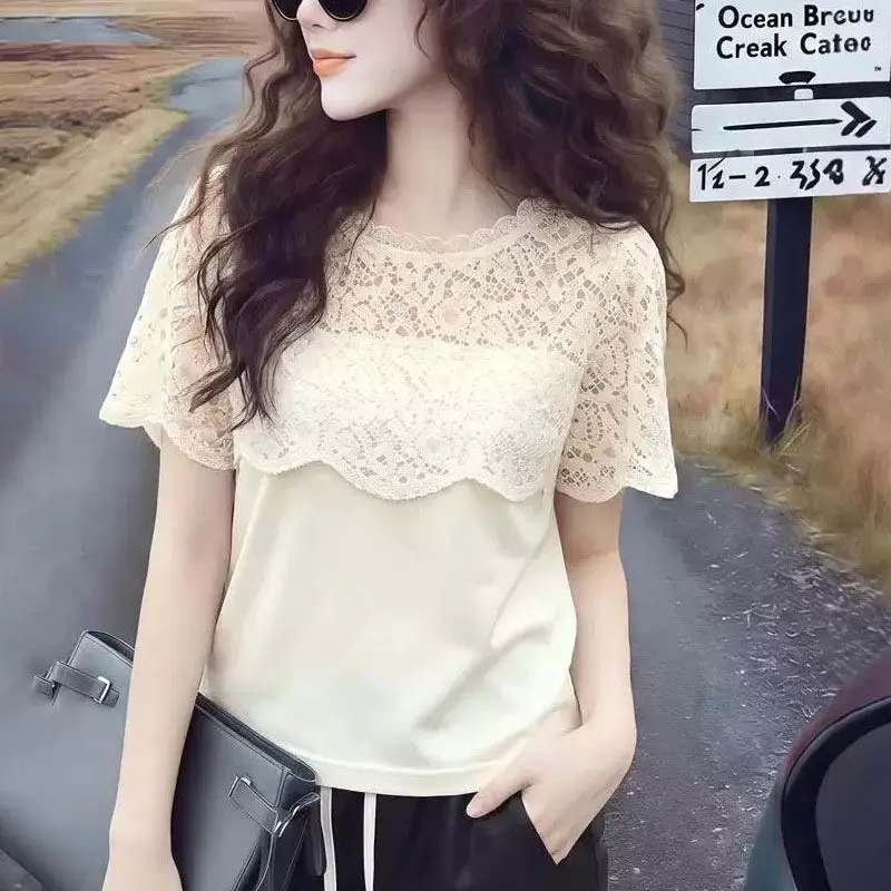 Women Lace Trim Blouse Short Sleeve O Neck Loose Fit Casual Summer Top Cream Solid Color Lightweight Chiffon Blouse