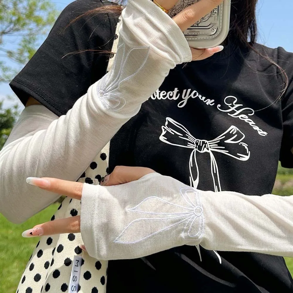 

Sweet Bow Ice Sleeves Embroidered Anti-UV Breathable Long Arm Sleeves Sun Protection Sweat-absorption Arm Sunscreen Covers Girls