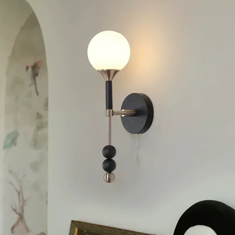 SANDYHA French Wall Lamp Wood Glass Bedside Lamp LED Background Light for Living Room Bedroom Dining Table Home Decor Lighting