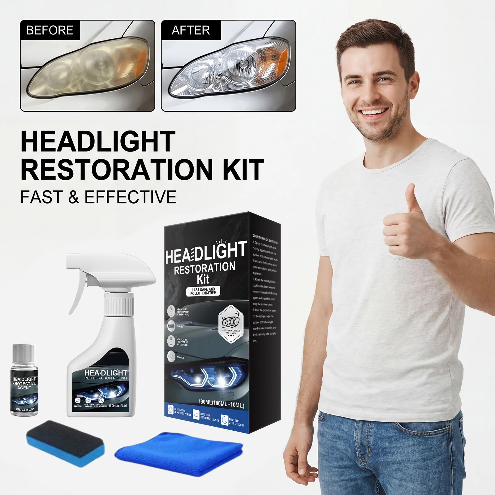 Auto Headlight Restorer Polishing Kit, Remove Haze & Yellow, Restore Clear Headlamp, DIY Car Headlight Lens Repair Tool Kit