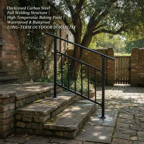 3-Step Outdoor Stair Handrail with Fence, Black Wrought Iron Step Railing for Concrete or Wood Stairs, 40x37in with Hook, 440 lbs Capacity, Easy Install